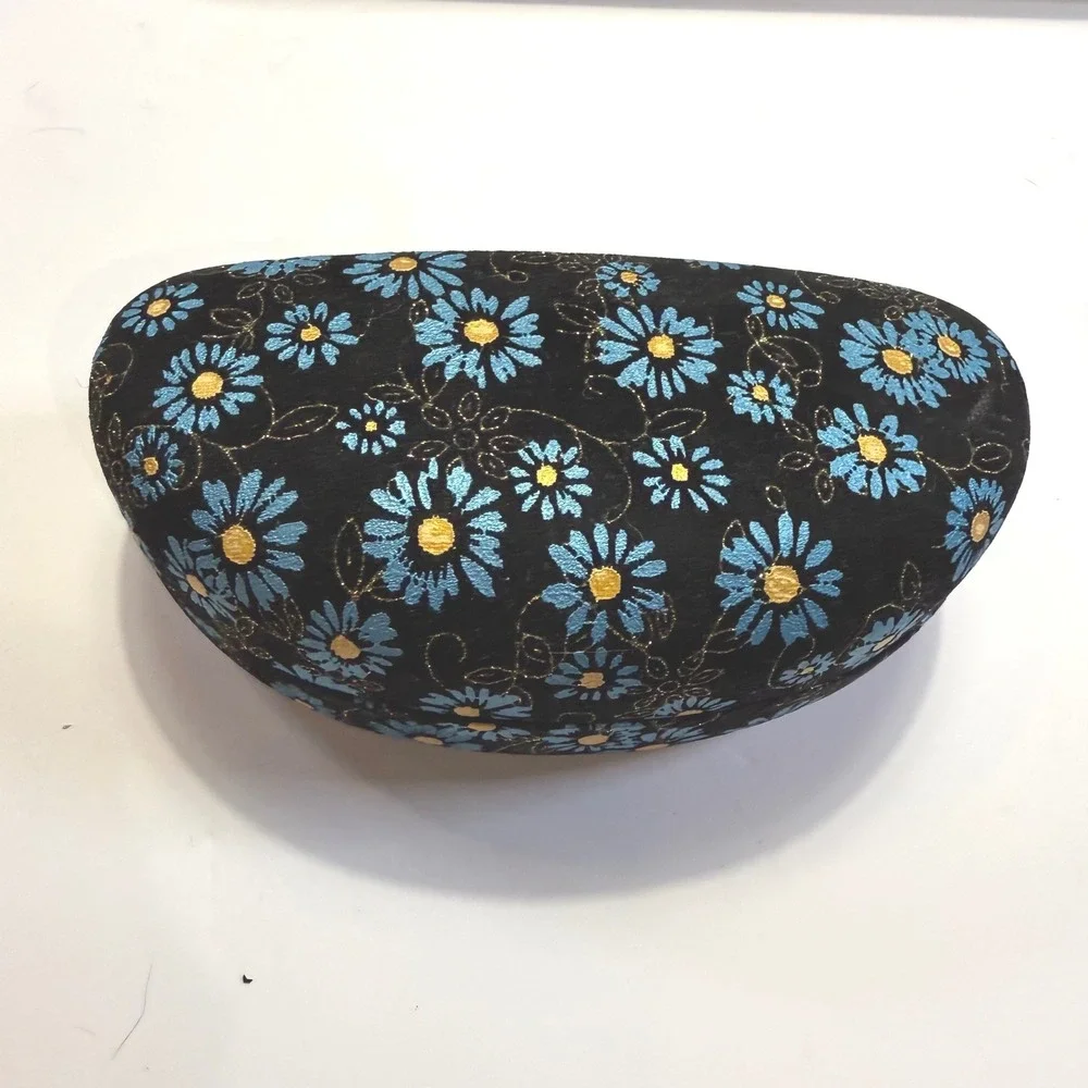 Black Floral Embroidered Daisy Hard Shell Eyeglass Case Blue Yellow Gold Accent